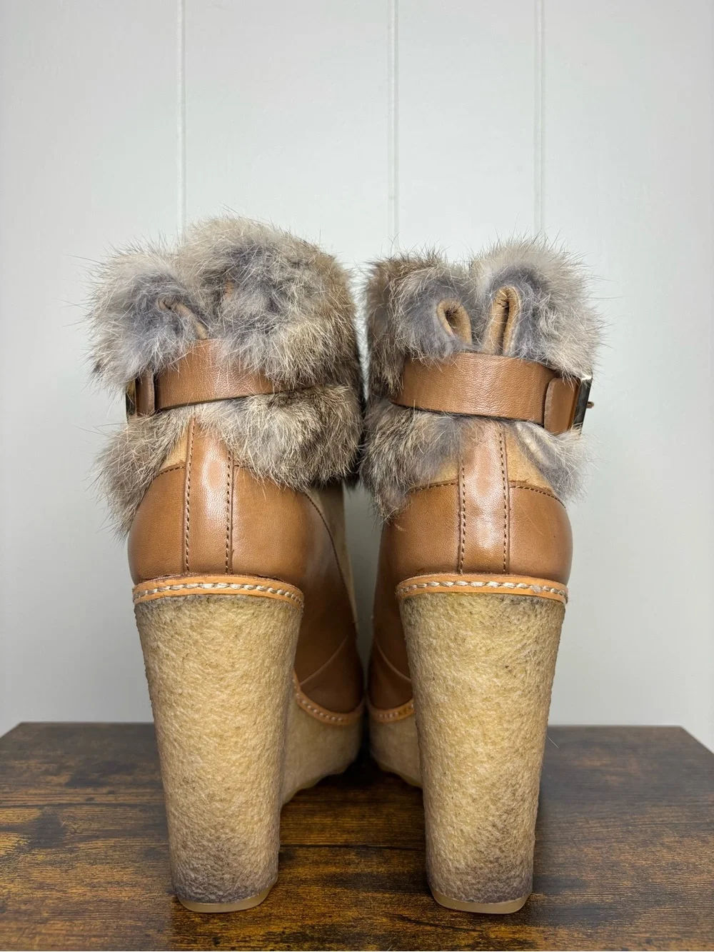 Tory Burch Wedge Ankle Booties Rabbit Fur Trim Buckle Lined Womens Size 7